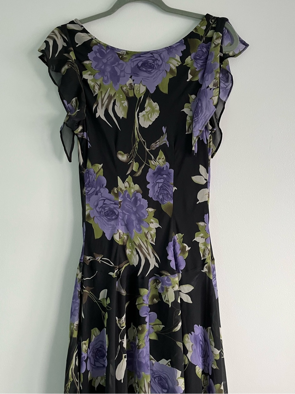 90s Y2K Jessica Black & Purple Floral Whimsical Flowy Fairy Midi Cowl Neck Dress - Picture 9 of 16